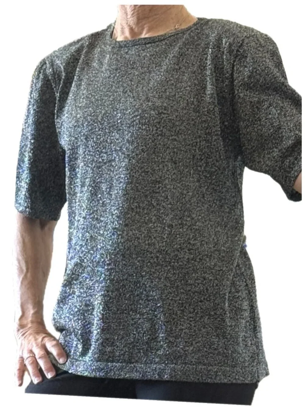 Black Silver Metallic short sleeve top Sz M Claudia D Vintage
